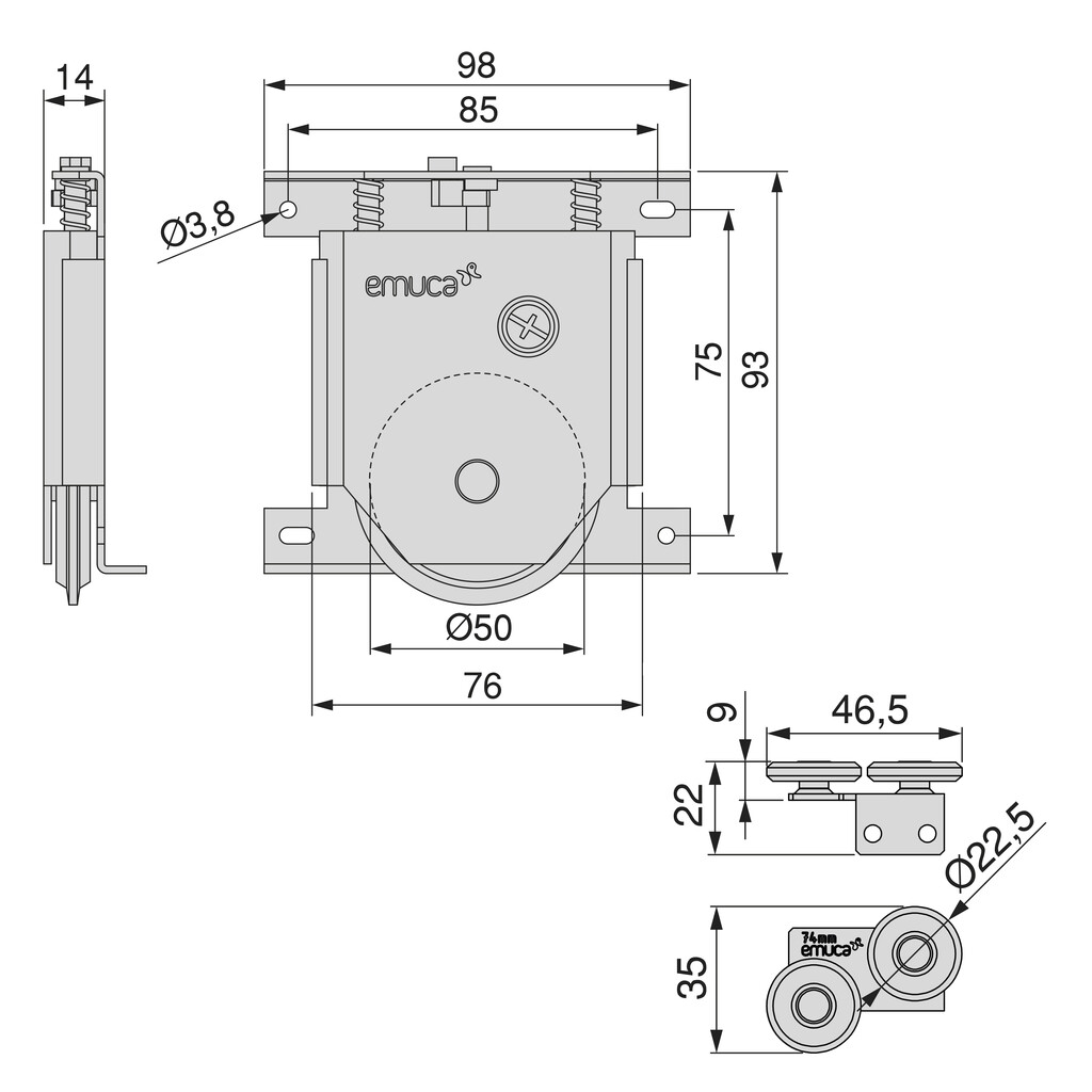 Set of 2 wheels for Placard 74 Sliding System